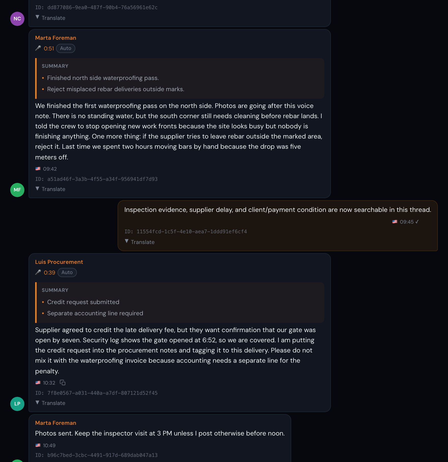 Full chat evidence crop for Construction
