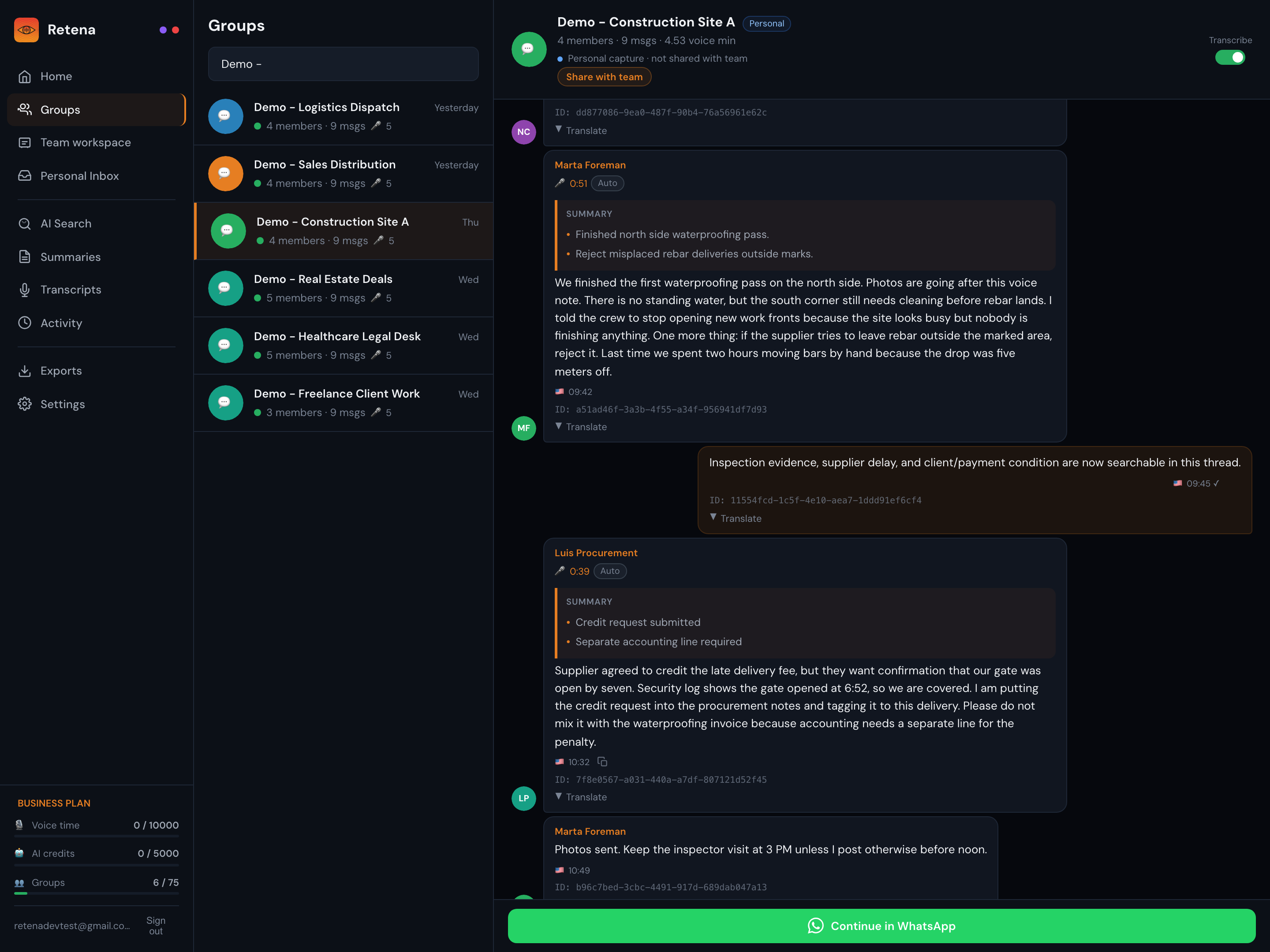 Retena mock screenshot for Construction