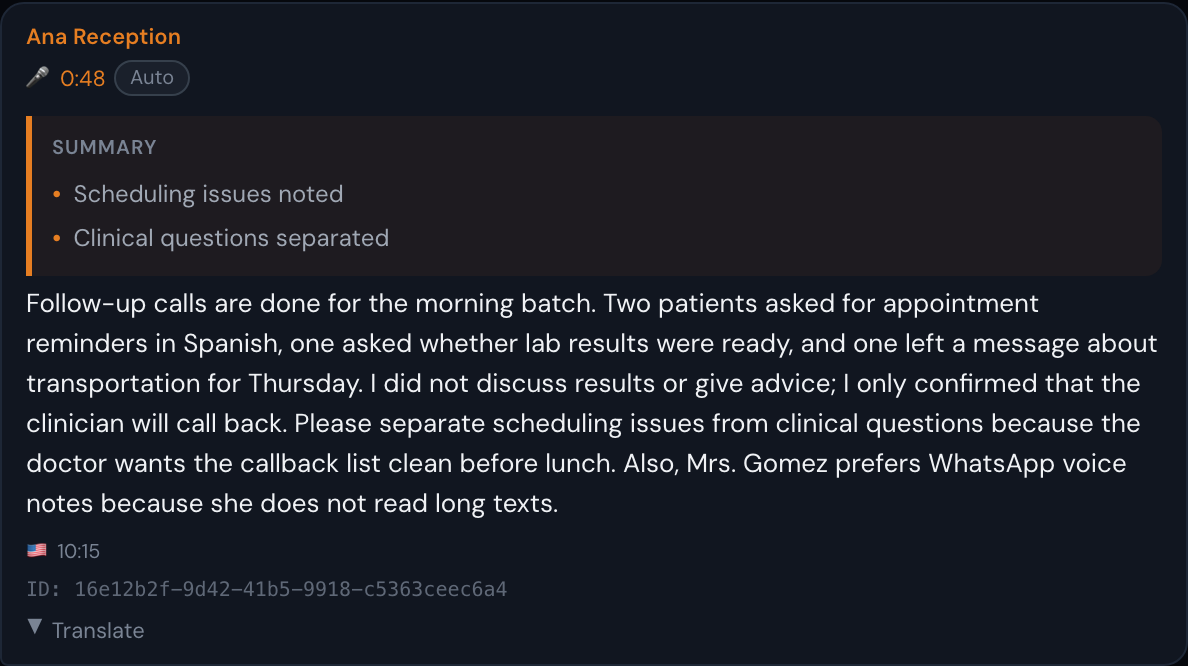 Voice note transcript card for Healthcare & Legal