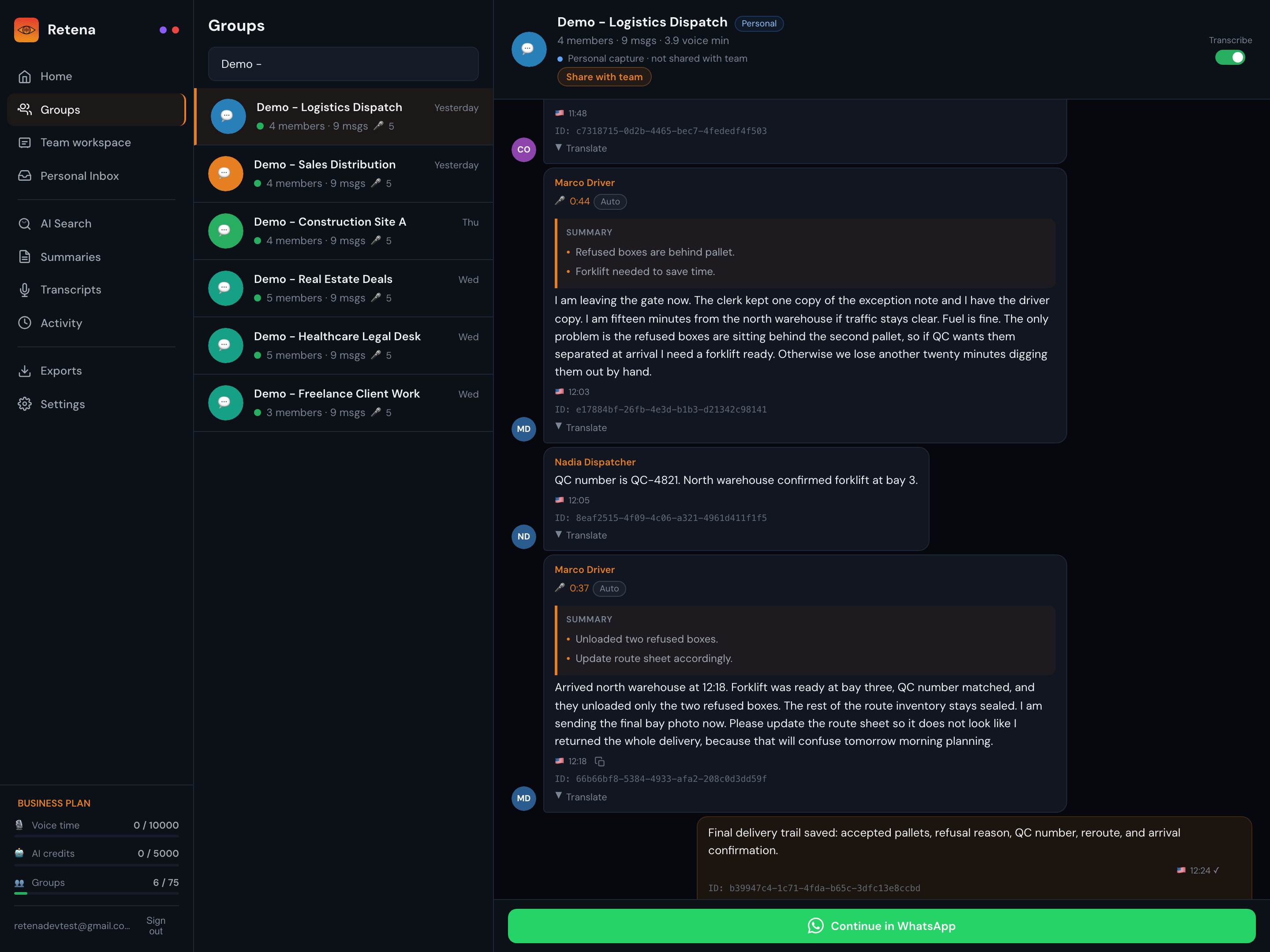 Retena mock screenshot for Logistics & Transport